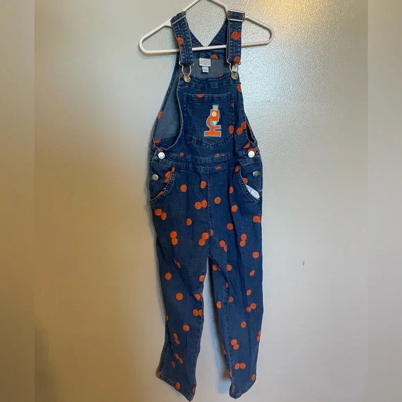 Kids 5t overalls with orange polka dots - Picture 1 of 5